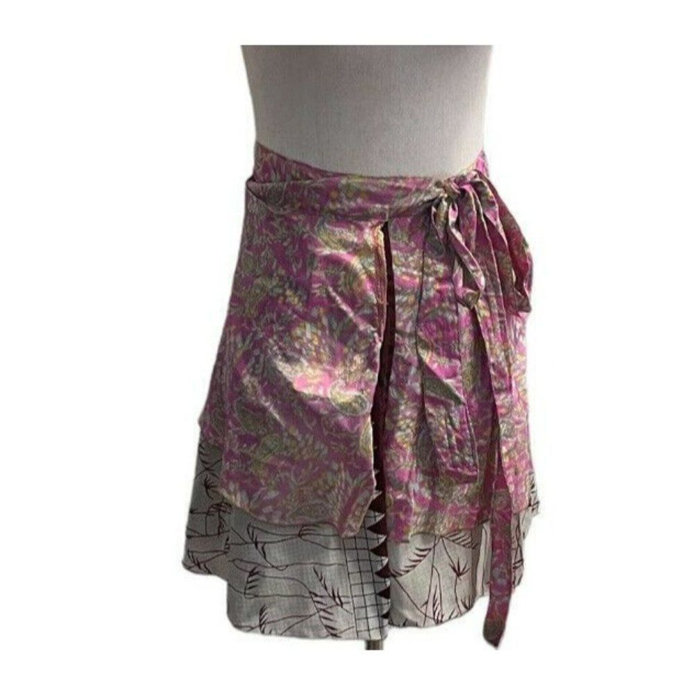 Kariza Womens Floral Silk Pleated Mini Skirt One Size Multicolor Tie-Waist NWT